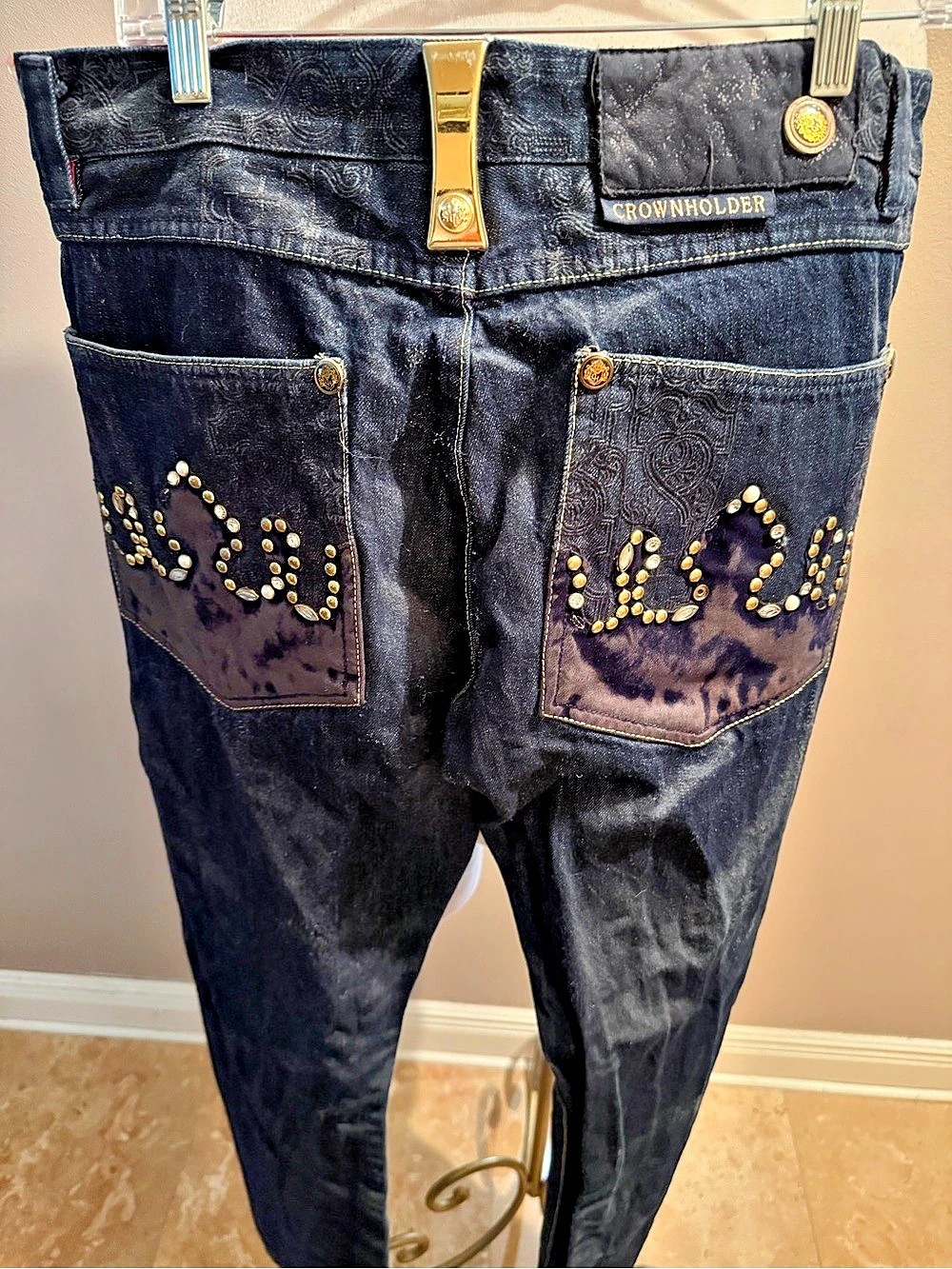 VTG Crown Holder Embellished Jeans Black & Blue Waist 36 - Picture 3 of 13